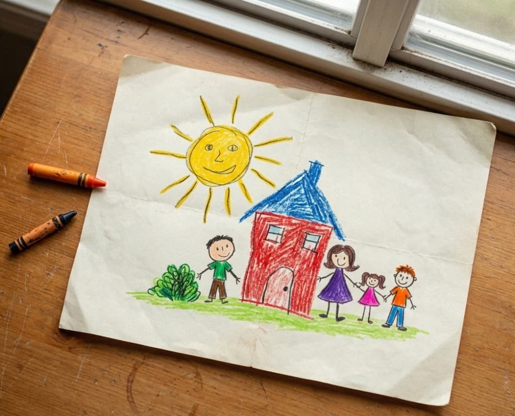 Dessin d'enfant représentant une famille devant une maison avec un soleil